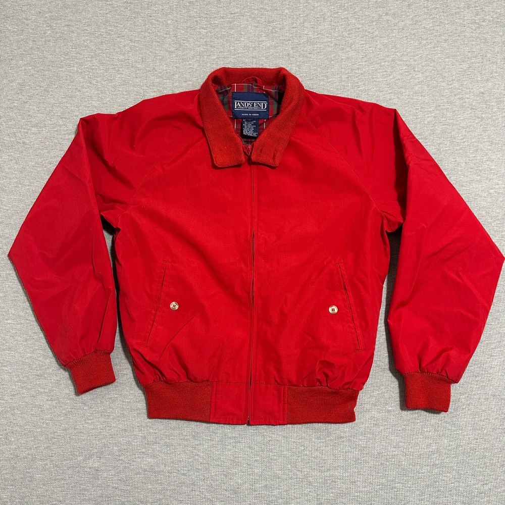 Lands End Mens Harrington Jacket Red Plaid Lined Full Zip Vintage Size M
